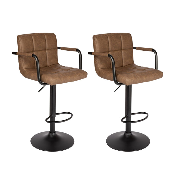 Grace Leatherette Adjustable Height Bar Stool with Black Structure - SET OF 2 - Modern Brown