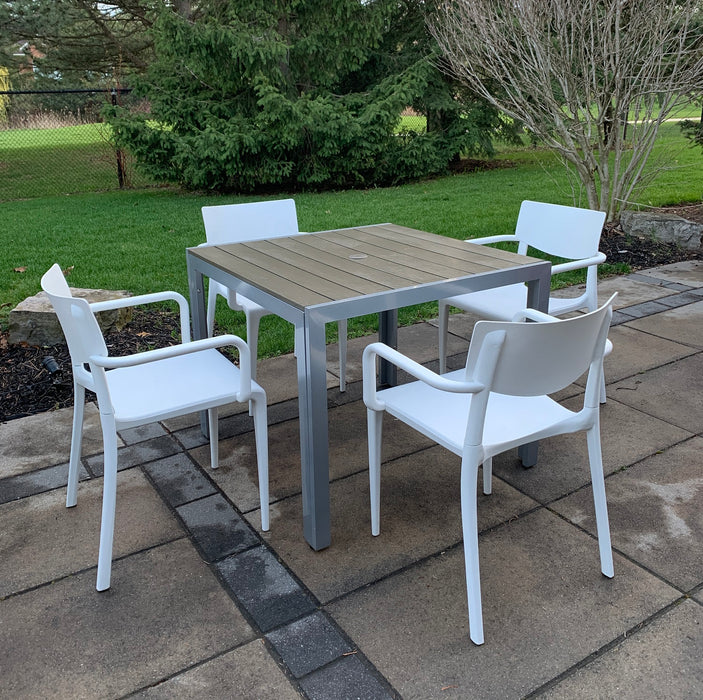Square Patio Dining Table with 4 Town Armchair (White)