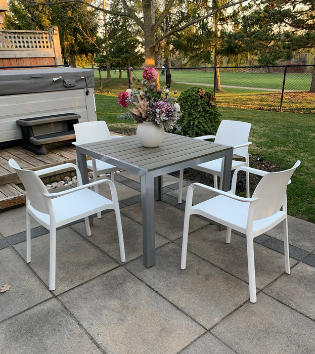 Square Patio Dining Table with 4 Dock Dining Chair (White)